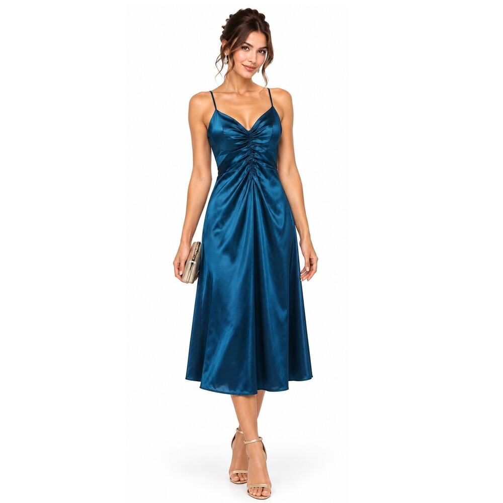 Jason Wu Emerald Satin Midi Dress Ruched Strappy Open Back Size XS NWOT